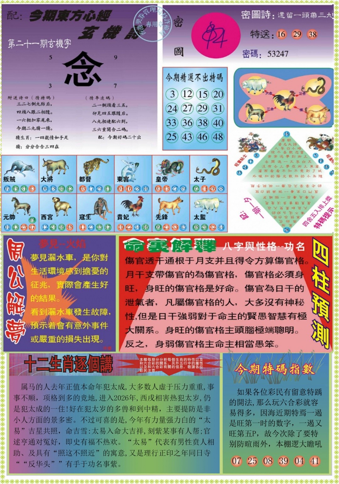 021期：东方心经B，马会彩图- 彩二四六彩票