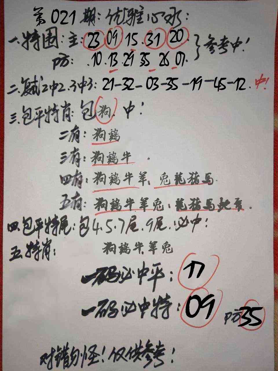 免费资料大全021期：优雅心水