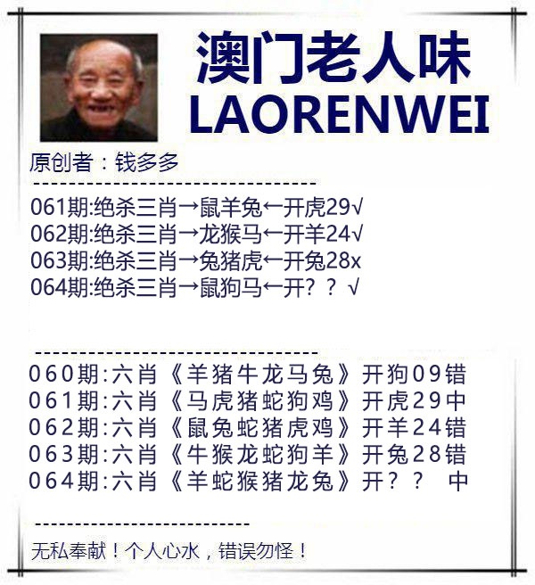 澳门正版挂牌：064期澳门老人味