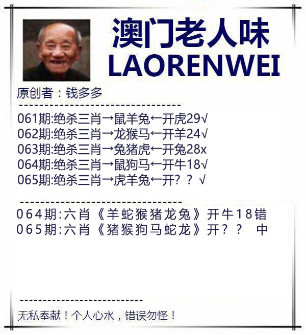 手机直播开奖报码：065期澳门老人味