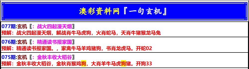 077期：澳门一句玄机，澳门六合彩集团【澳门彩平特一肖】期期大公开