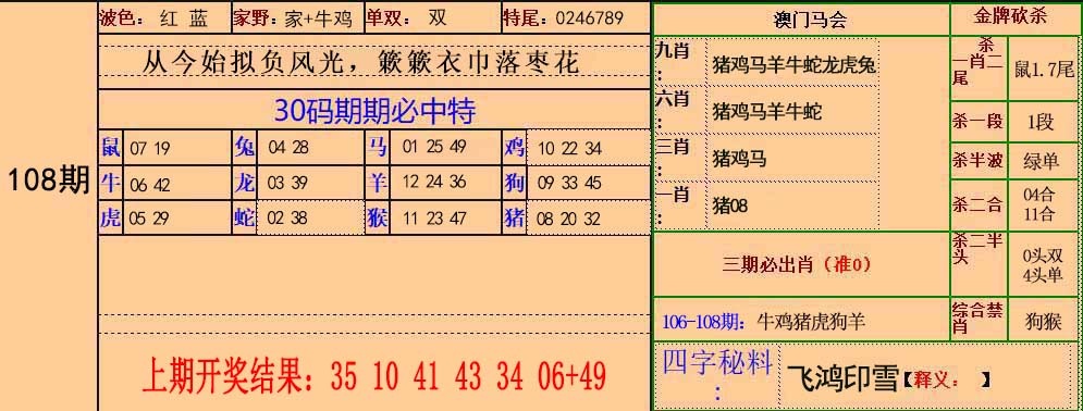 108期管家婆资科：30码中特