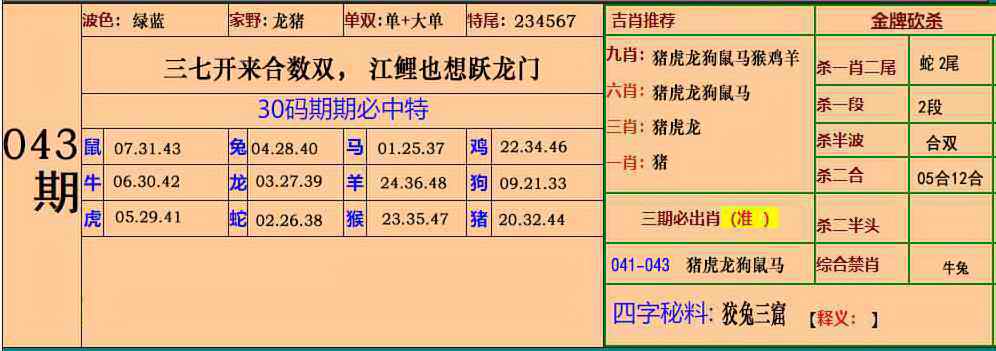 043期四九特码报：小鱼儿30码期期中