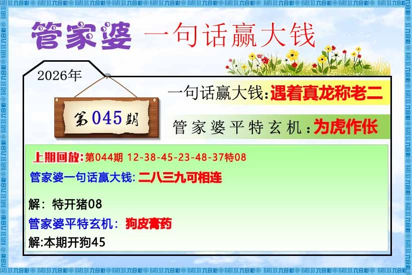香港六合彩马会传真：045期管家婆一句话赢大钱