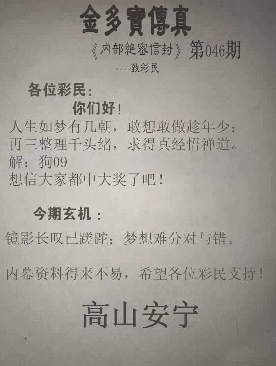六合宝典正版四不像046期：正版金多宝传真