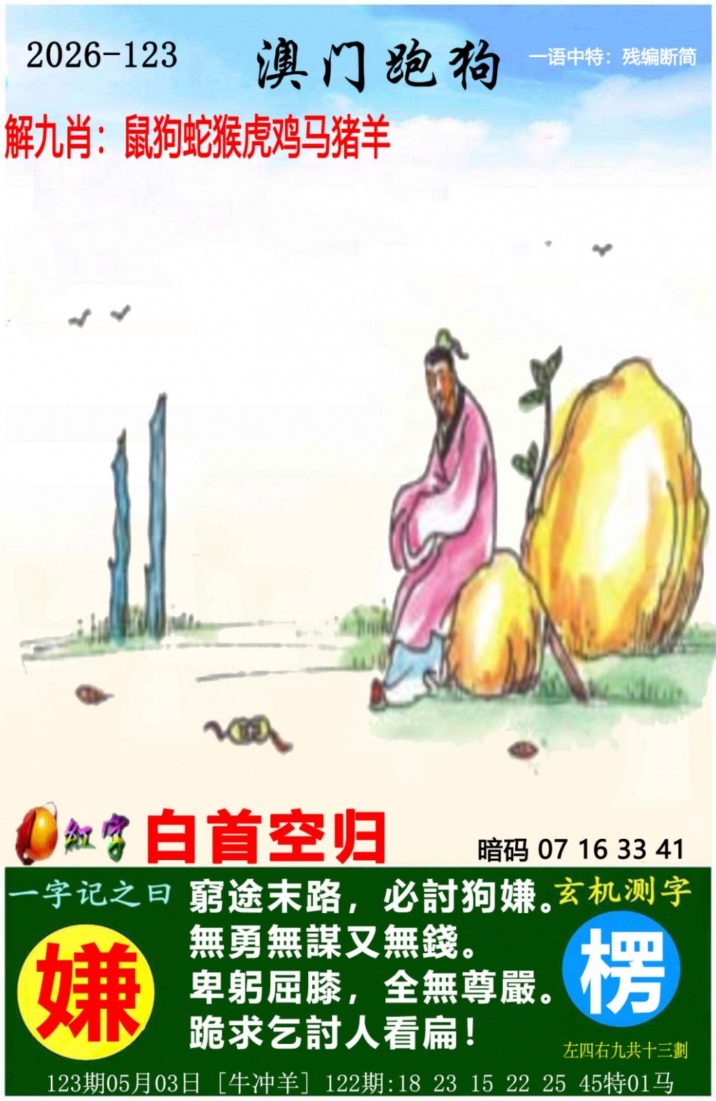 澳门六合彩：123期澳门跑狗图