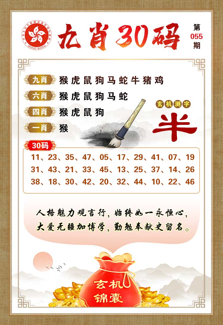 香港六合彩：055期九肖30码