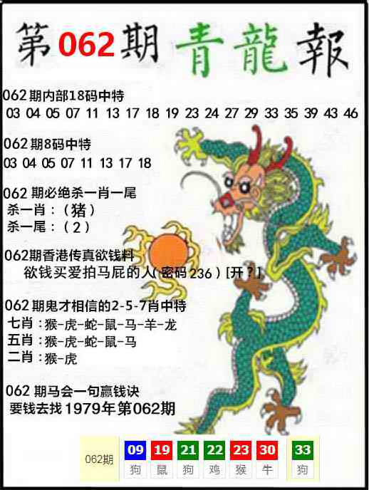 六合彩开奖网：062期青龙报