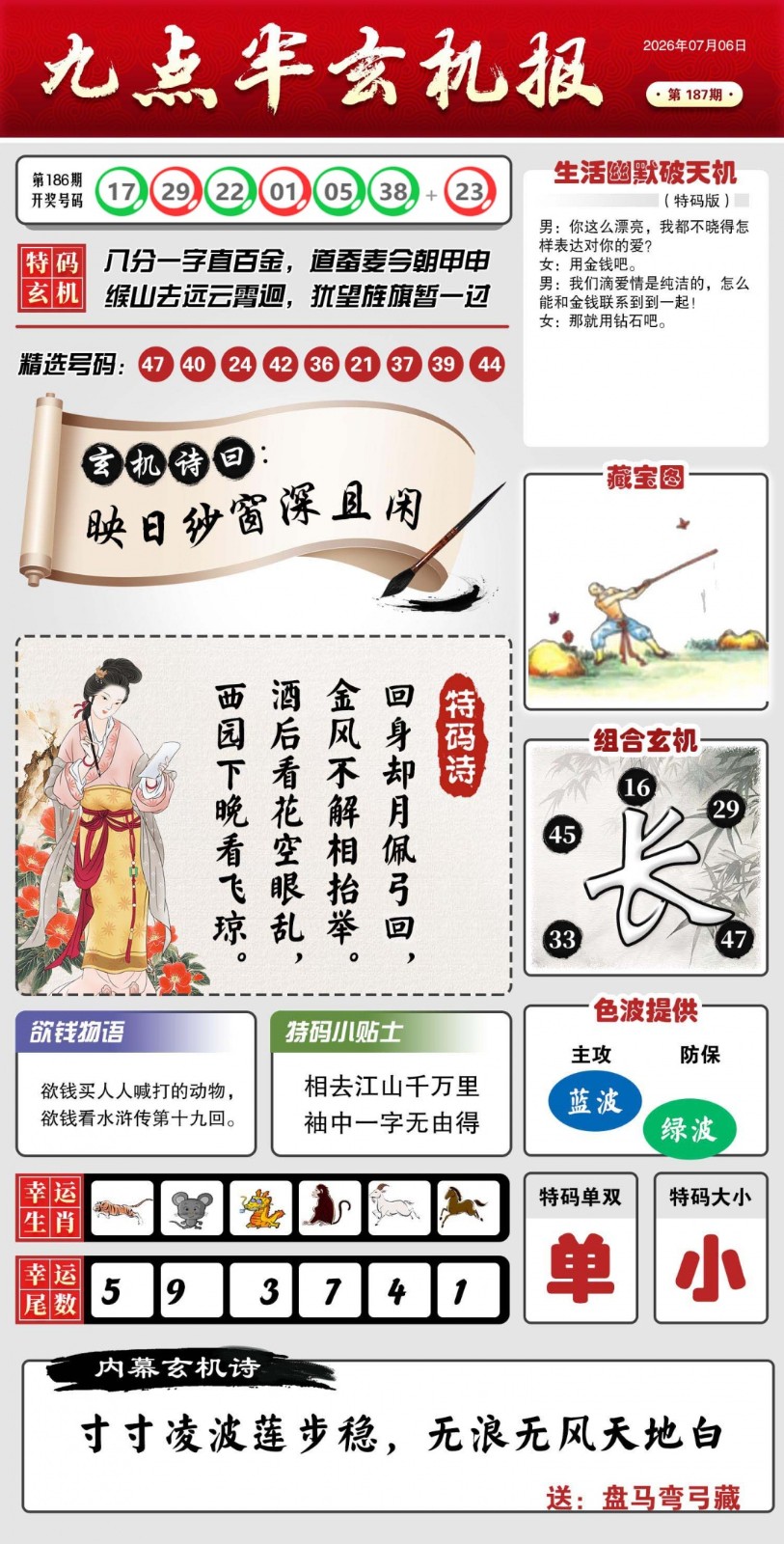 新澳门六合彩内幕特码187期：九点半玄机报