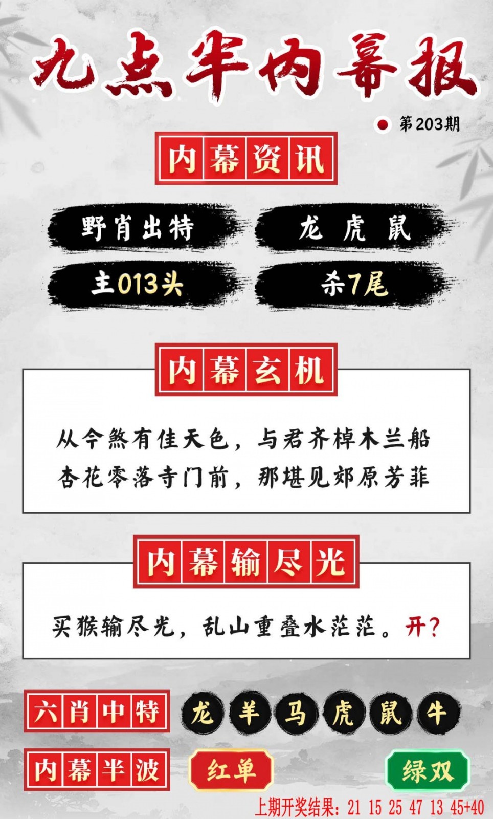 澳彩全年历史图库：203期九点半内幕报