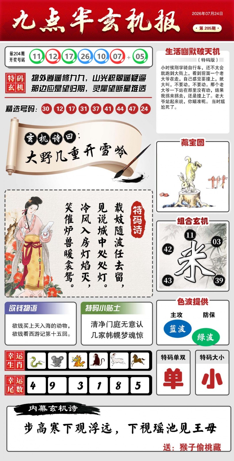 六合彩图库205期：九点半玄机报