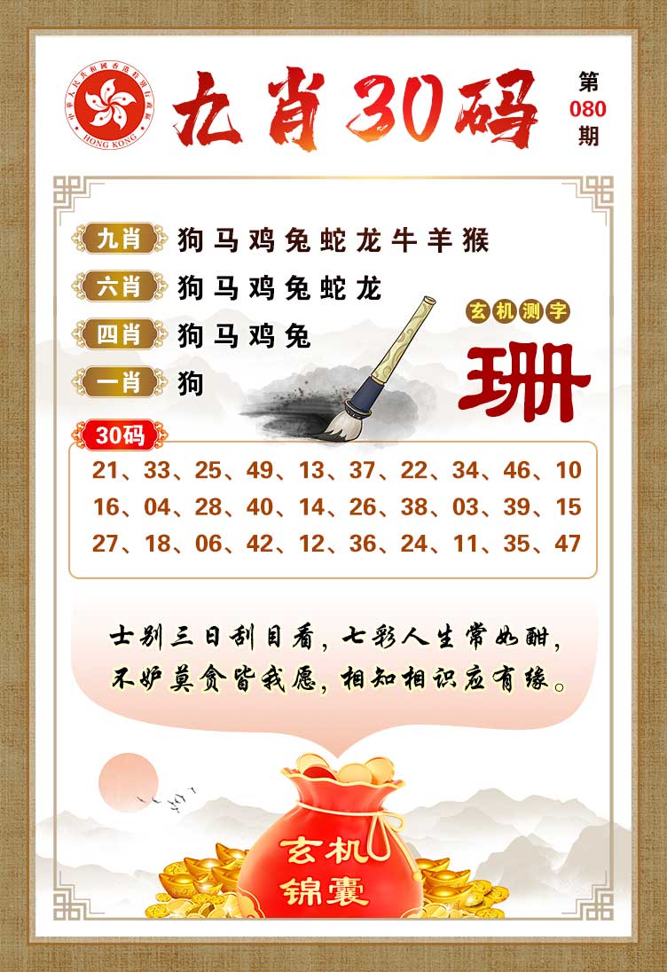 资料大全080期：九肖30码