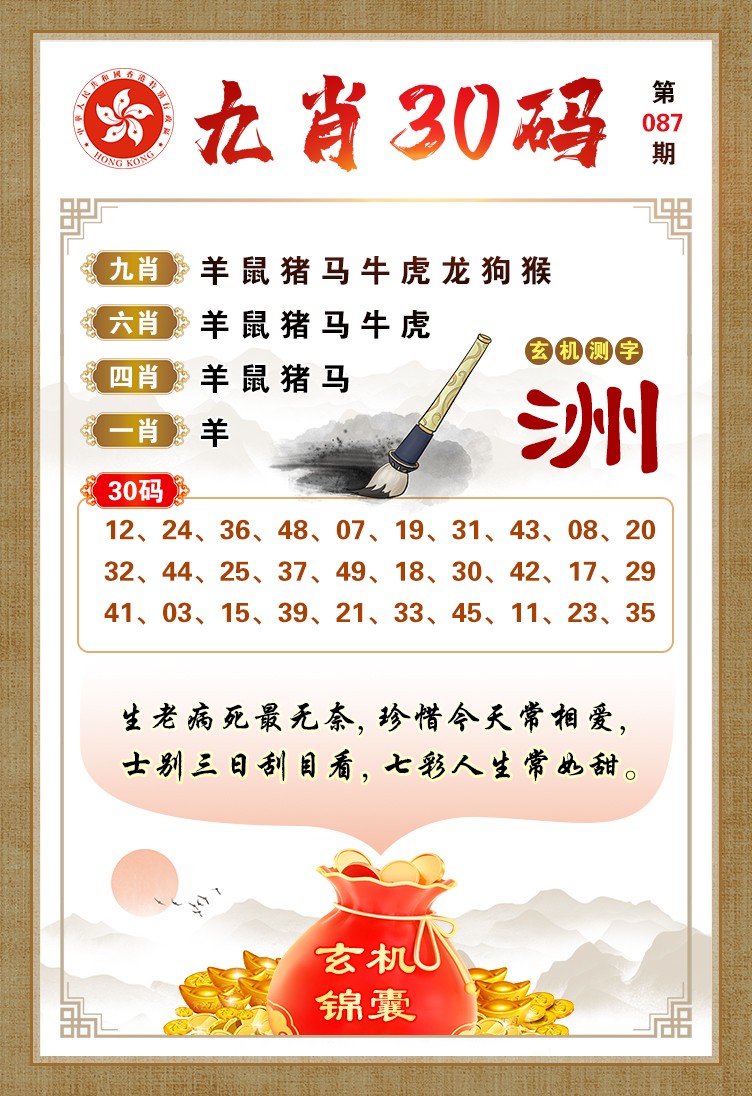 满堂红087期：九肖30码