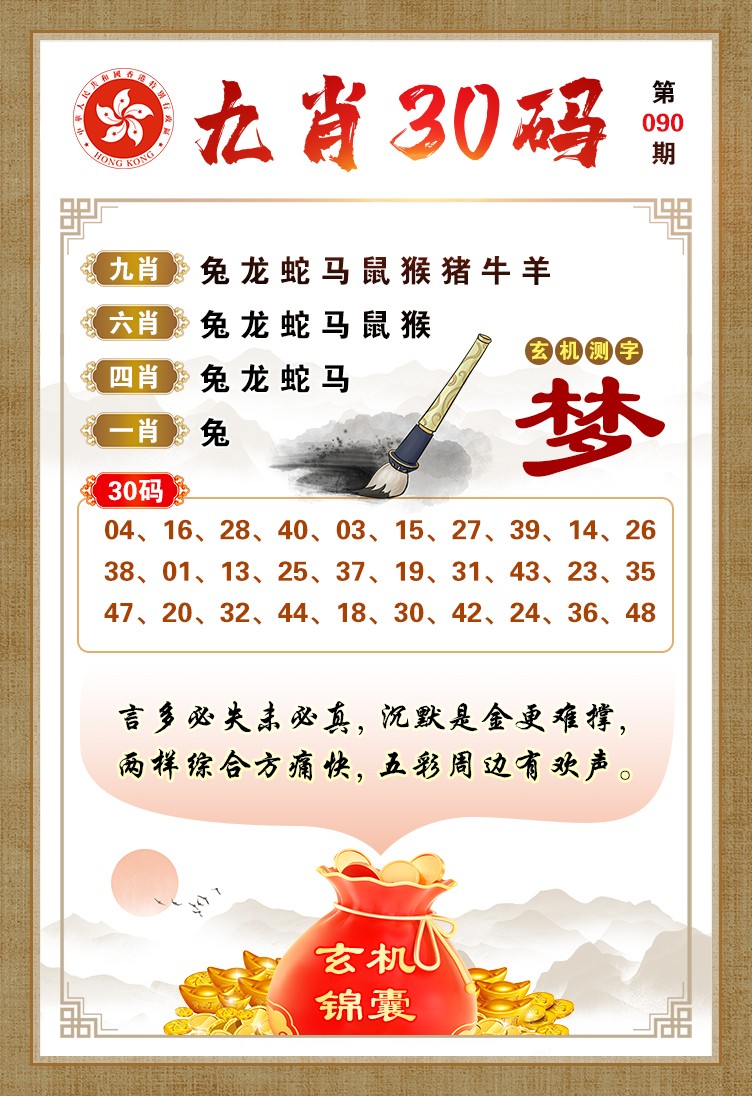 香港彩色图库：090期九肖30码