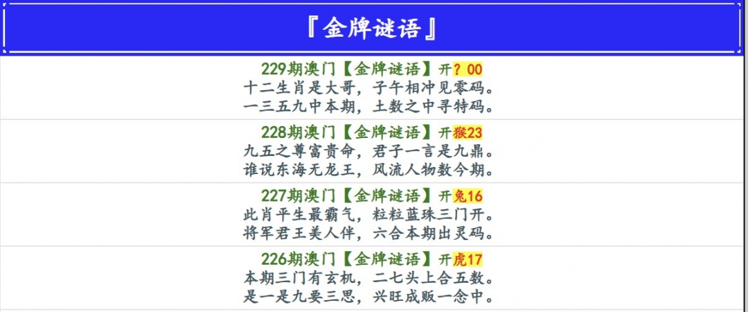 老图库：229期金牌谜语