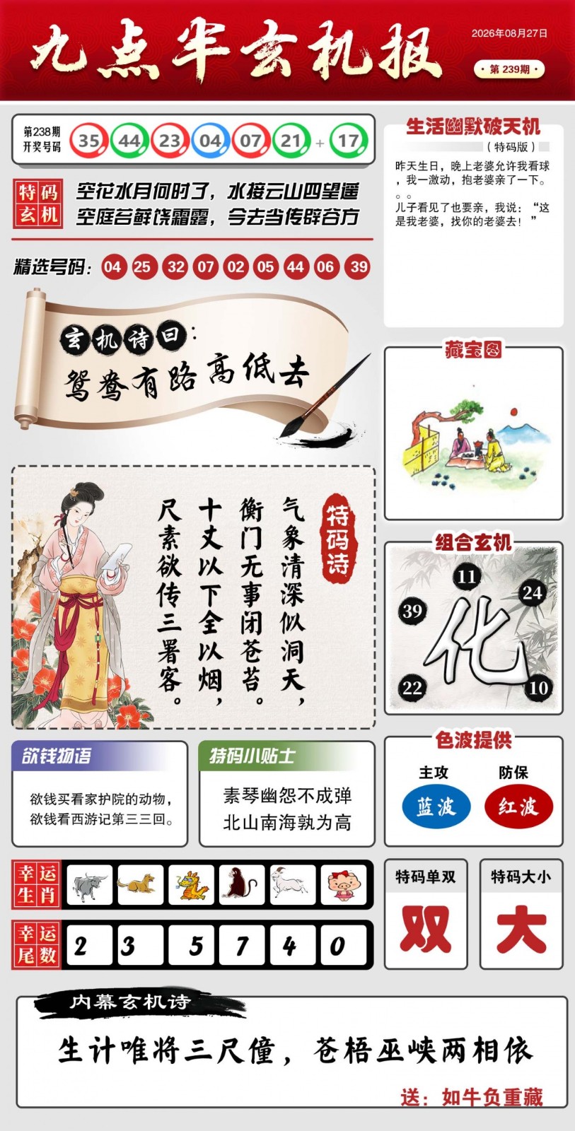 澳门金算盘高手坛：239期九点半玄机报
