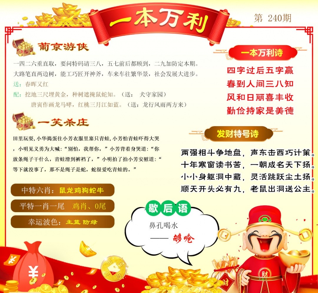 澳门跑狗论坛：240期一本万利
