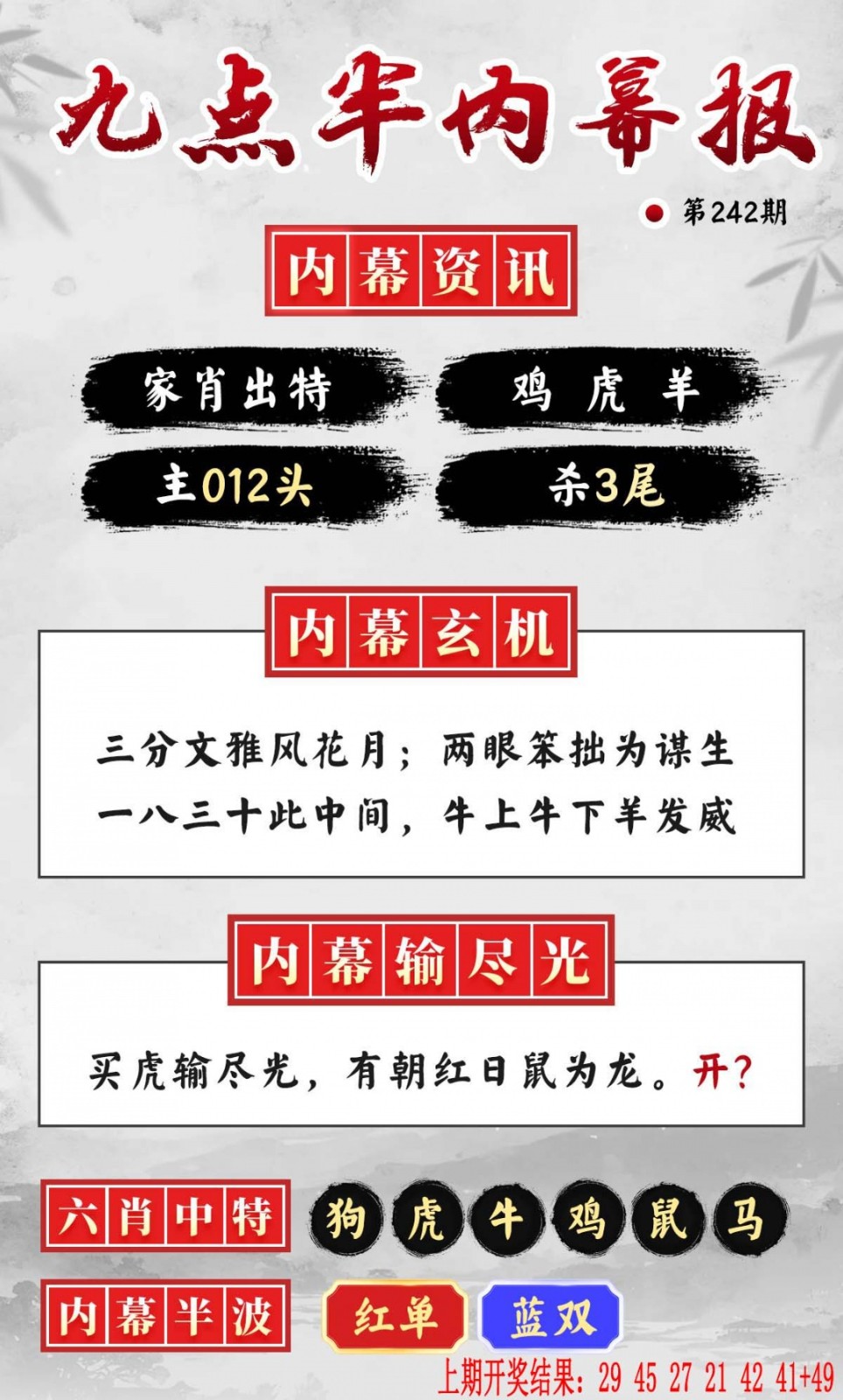 六合彩论坛：242期九点半内幕报