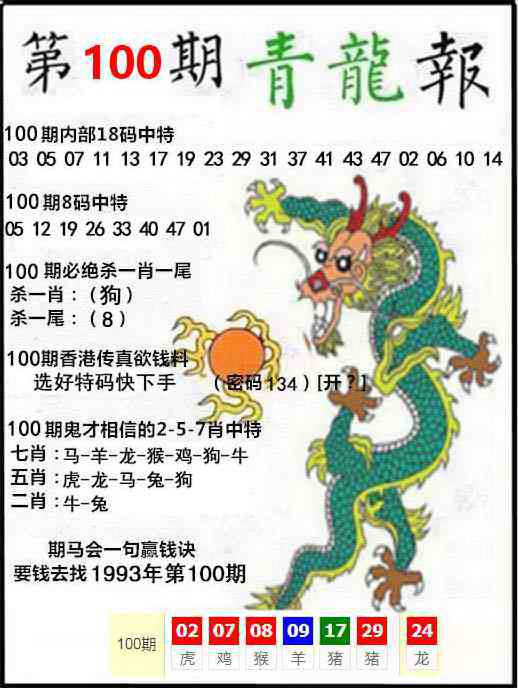 开奖记录：100期青龙报