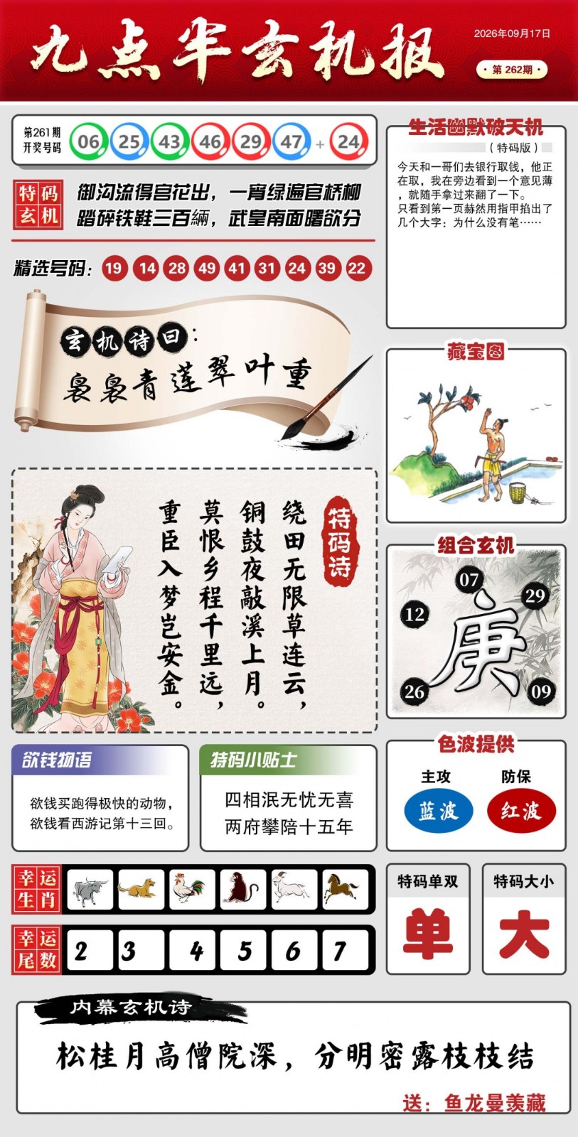 澳门六合彩资料262期：九点半玄机报