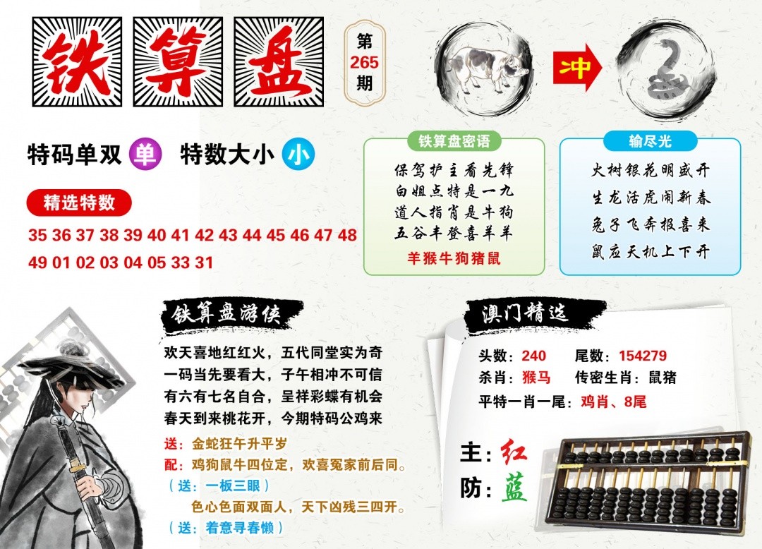 神算天师六合专家265期：澳门铁算盘