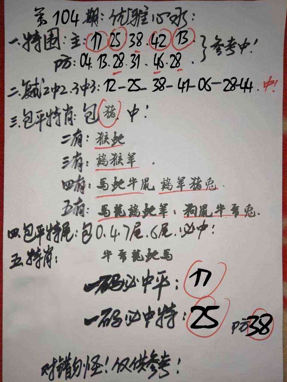 香港马会开奖结果：104期优雅心水