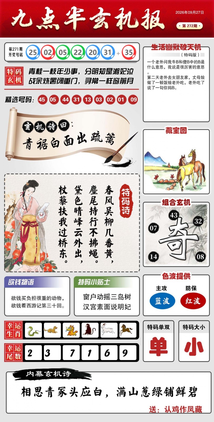 青蛙彩票272期：九点半玄机报