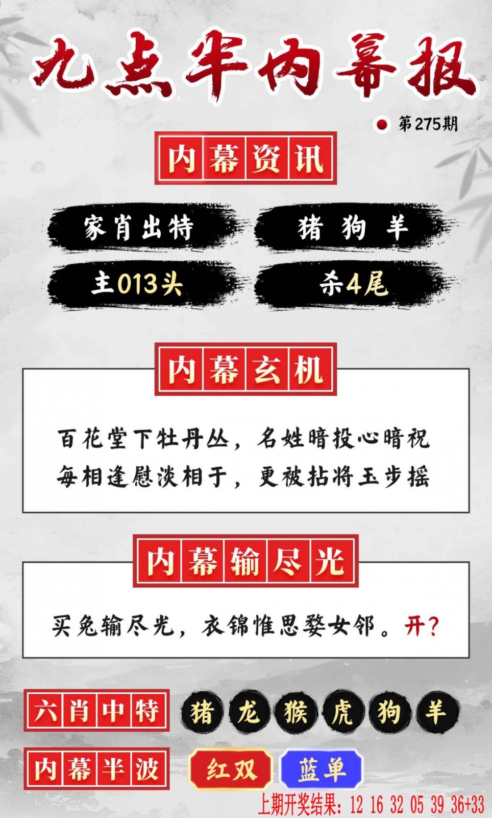 澳彩全年历史图库：275期九点半内幕报