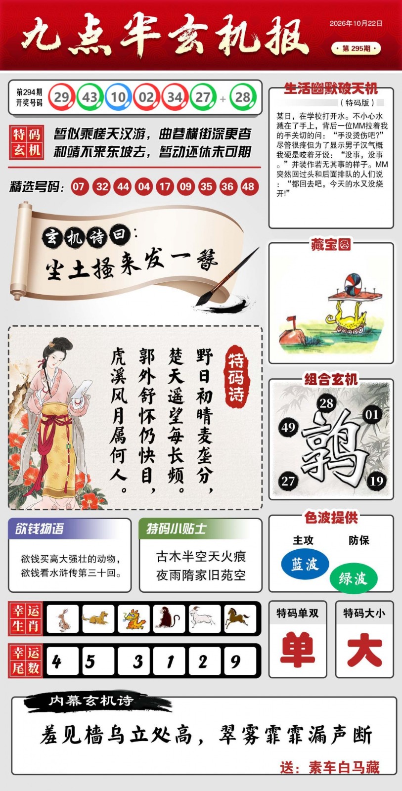 香港六合彩论坛：295期九点半玄机报