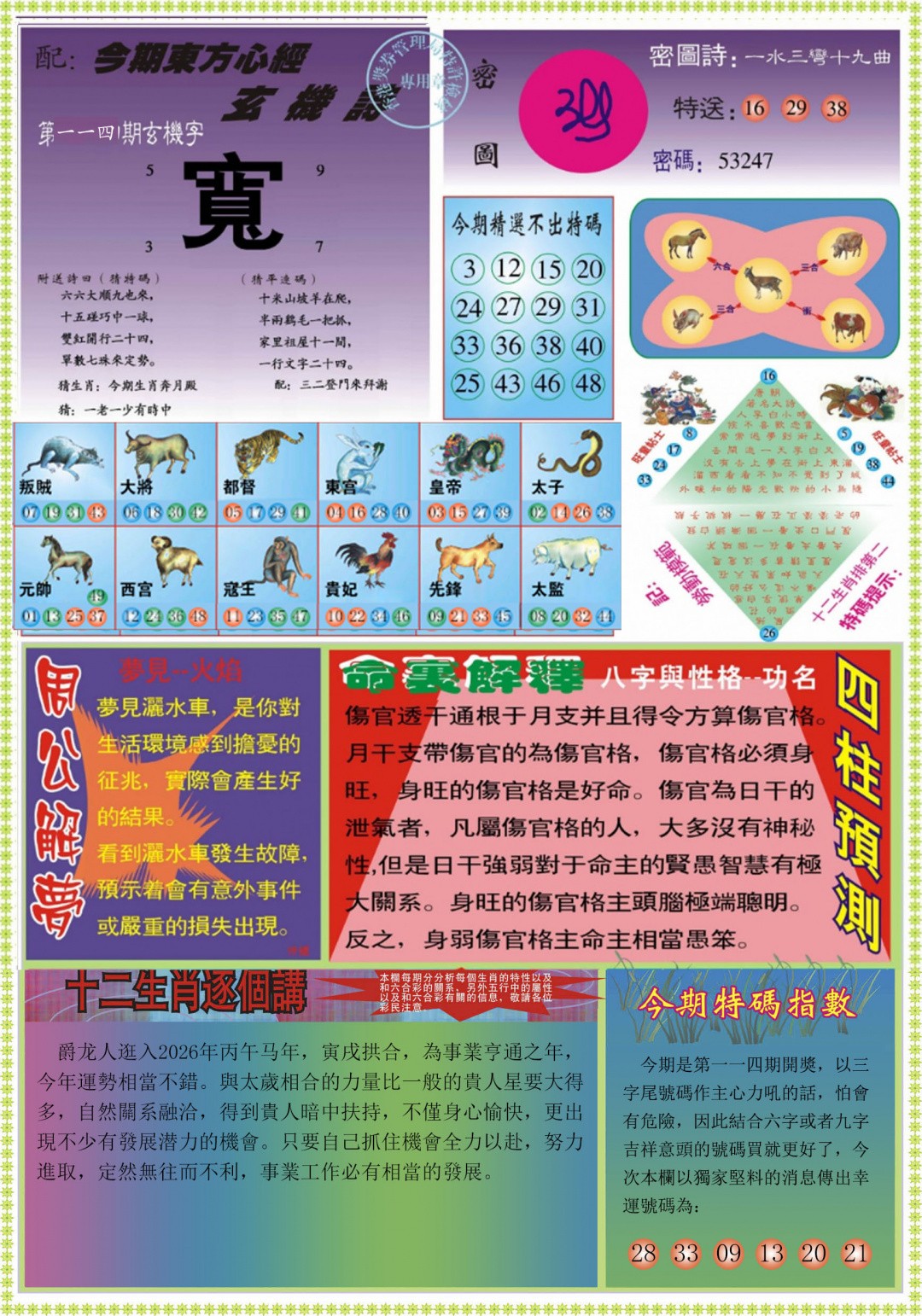 香港马会开奖结果：114期东方心经B