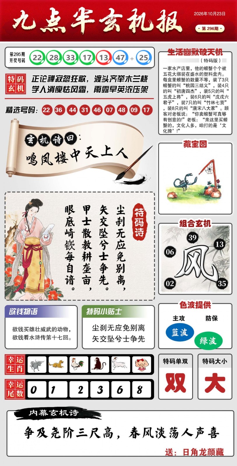 澳门金算盘高手坛296期：九点半玄机报